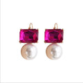 Maggie Bright Pink Rectangular Crystal with Faux Pearl Earrings