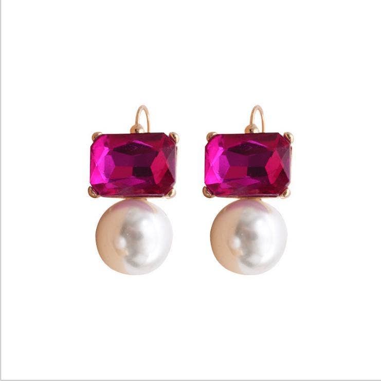 Maggie Bright Pink Rectangular Crystal with Faux Pearl Earrings
