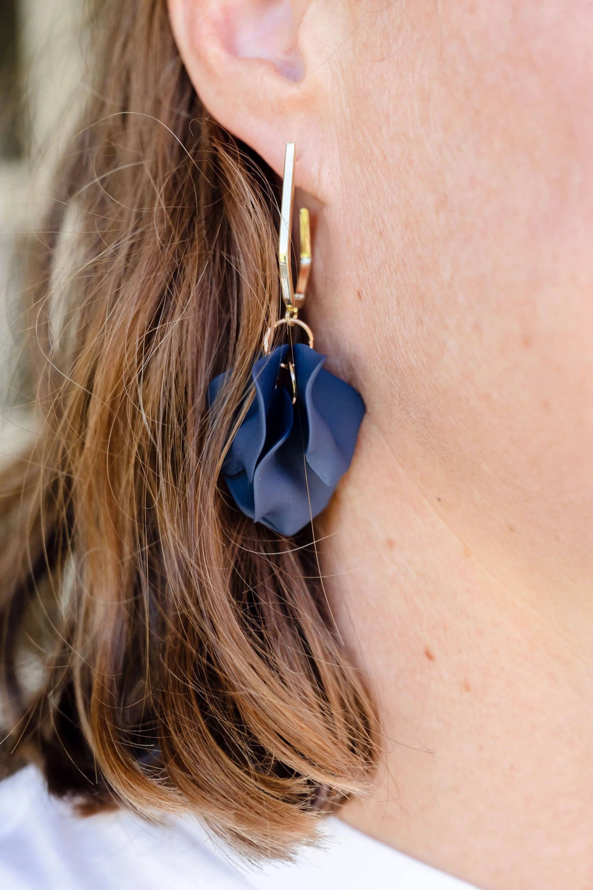 Petunia Gold Hoop with Navy Petal Shaped Dangles