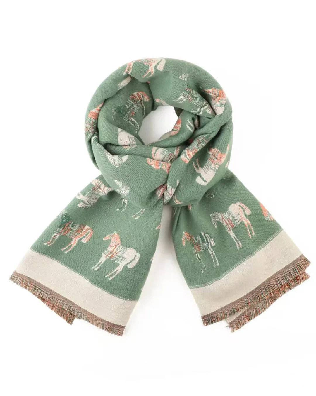 Reversible Equestrian Horse Winter Scarf – Green/Cream