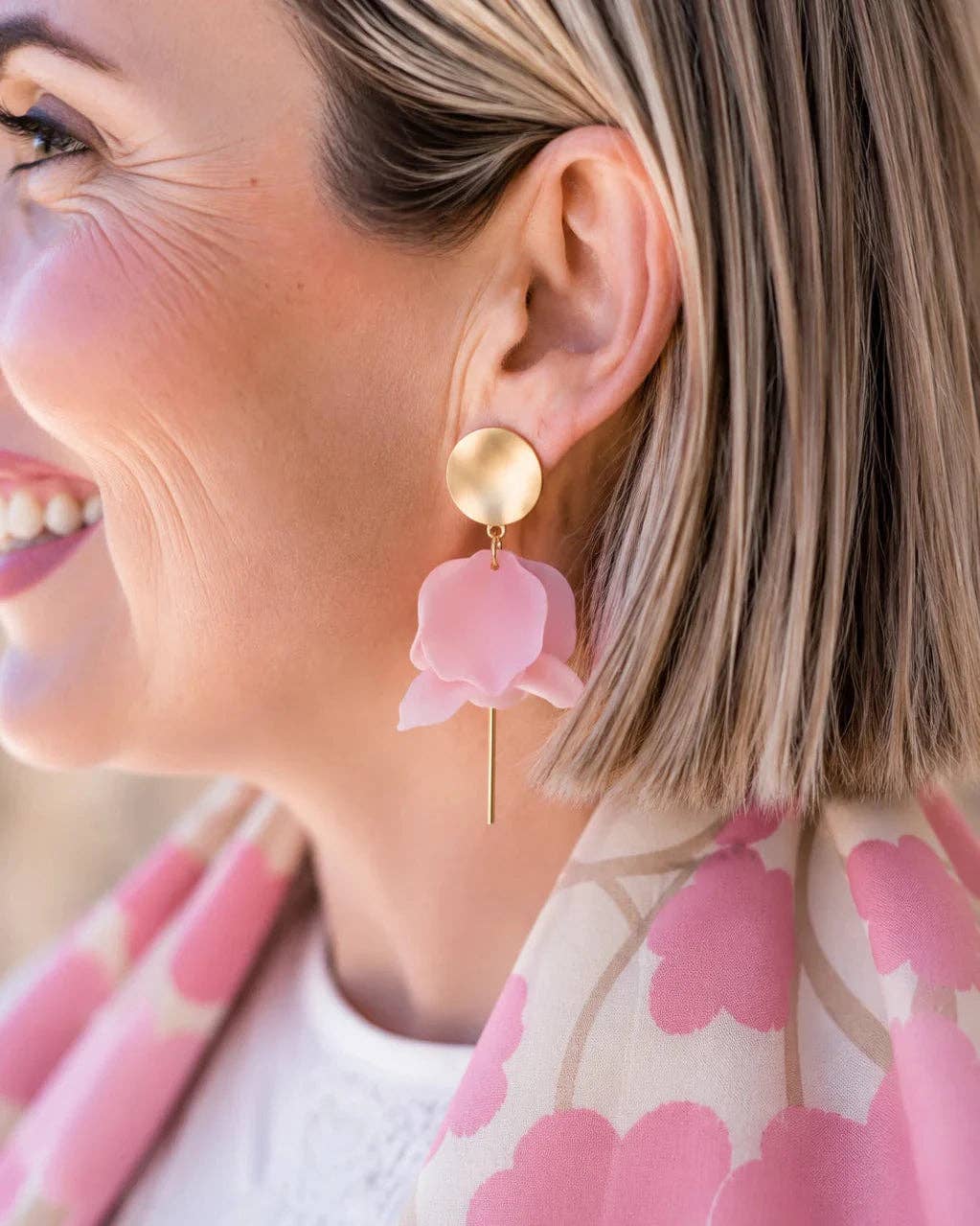 Olivia Matte Gold and Light Pink Flower Petal Dangle Earrings with Gold Post Dangle