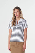 Sunhaze Stripe Polo - White/Dark Navy | Goondiwindi Cotton