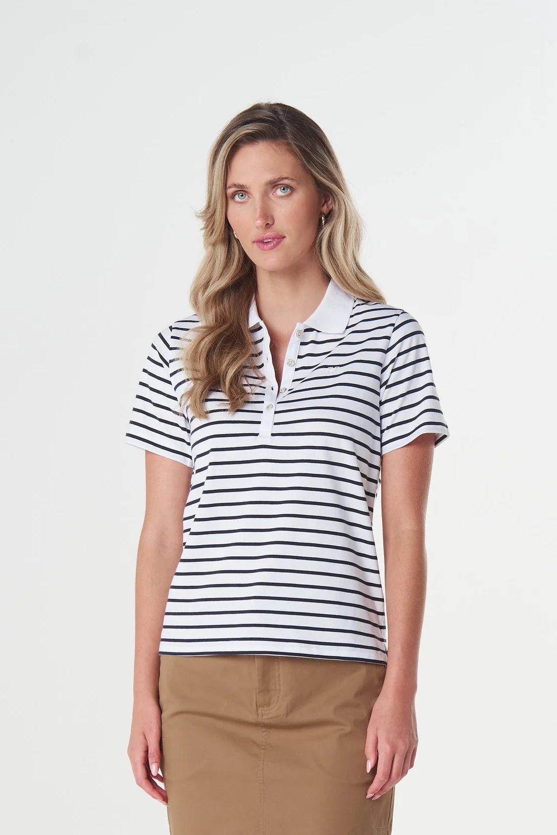 Sunhaze Stripe Polo - White/Dark Navy | Goondiwindi Cotton