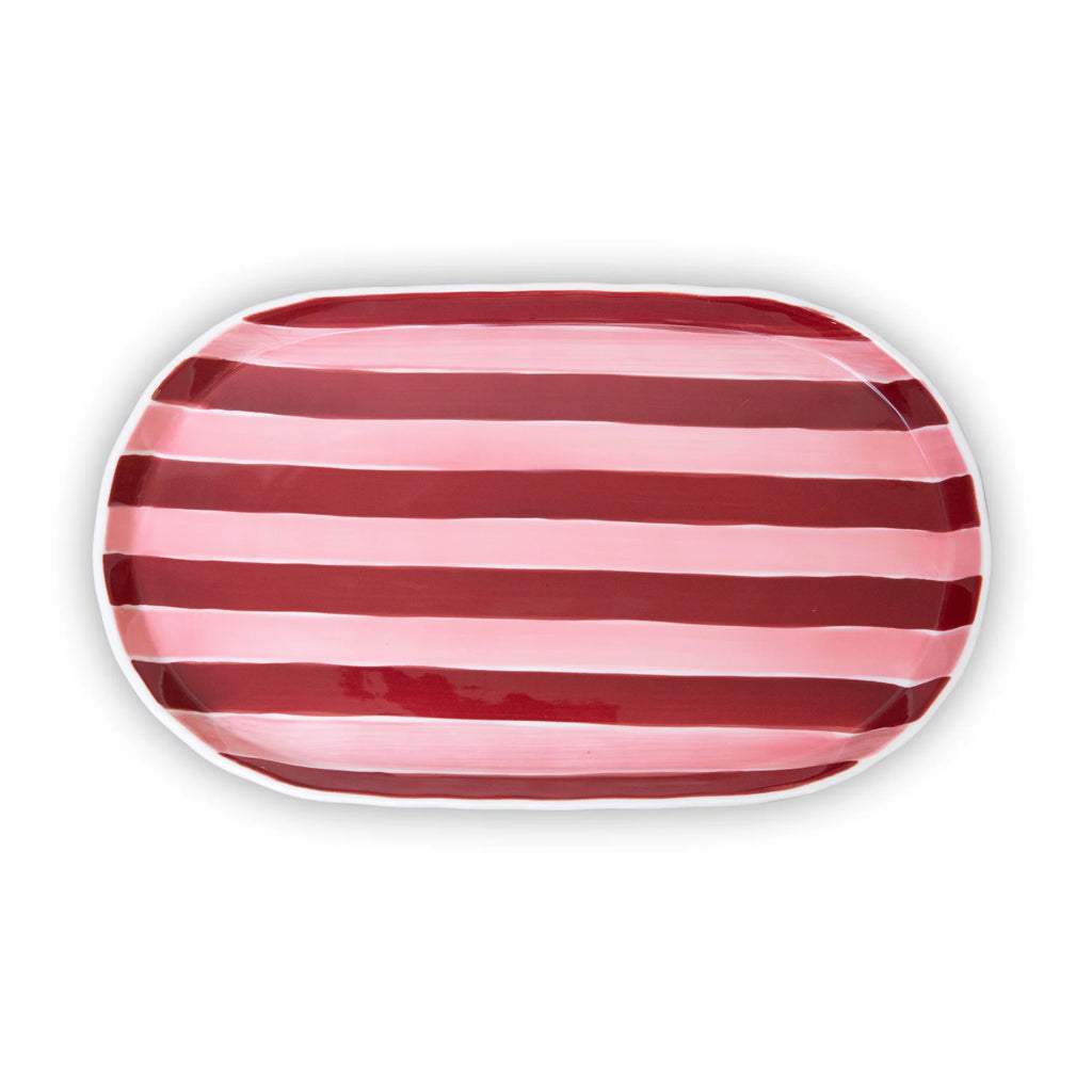 NOSS Ceramic Oval Platter - Pink & Burgundy Stripe