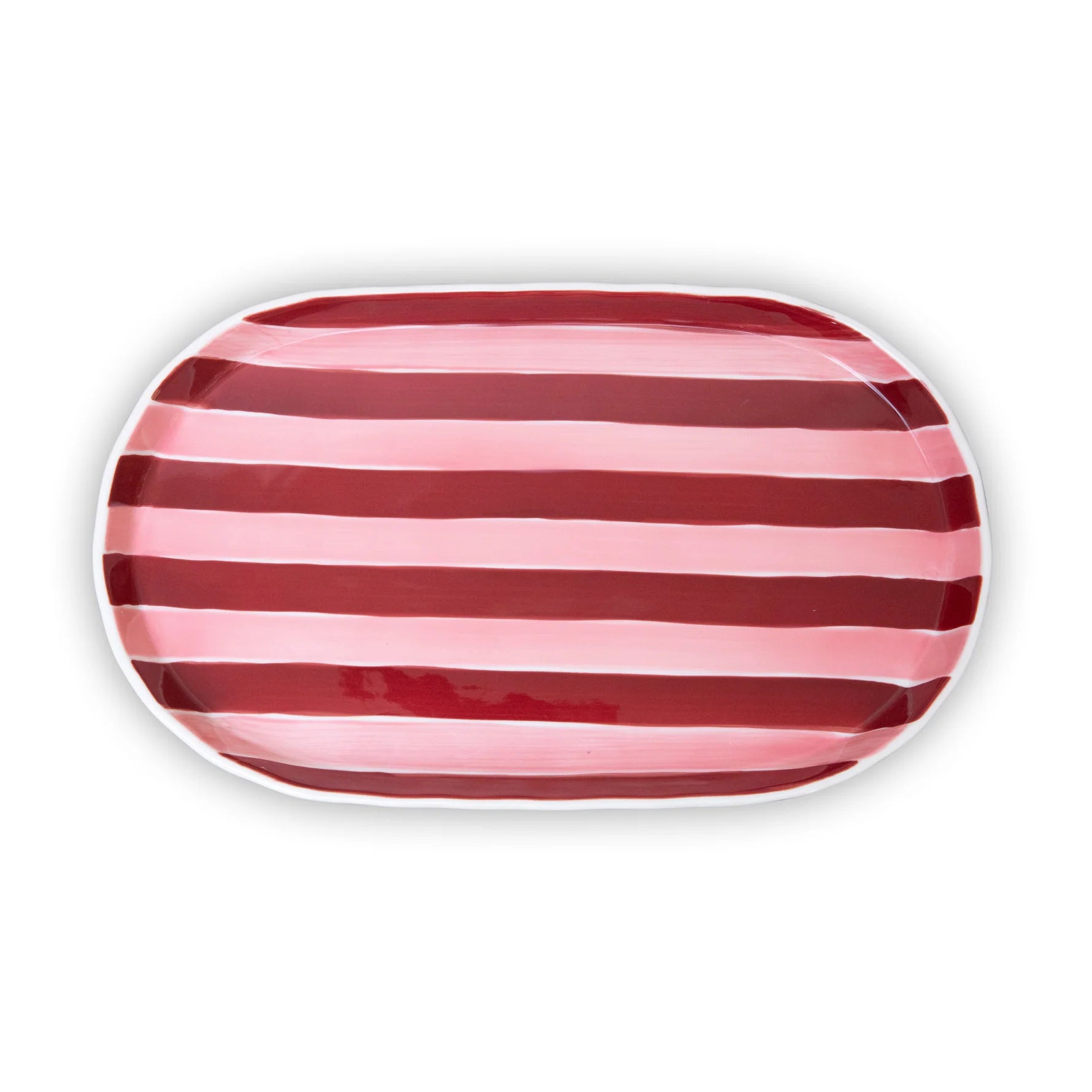 NOSS Ceramic Oval Platter - Pink & Burgundy Stripe