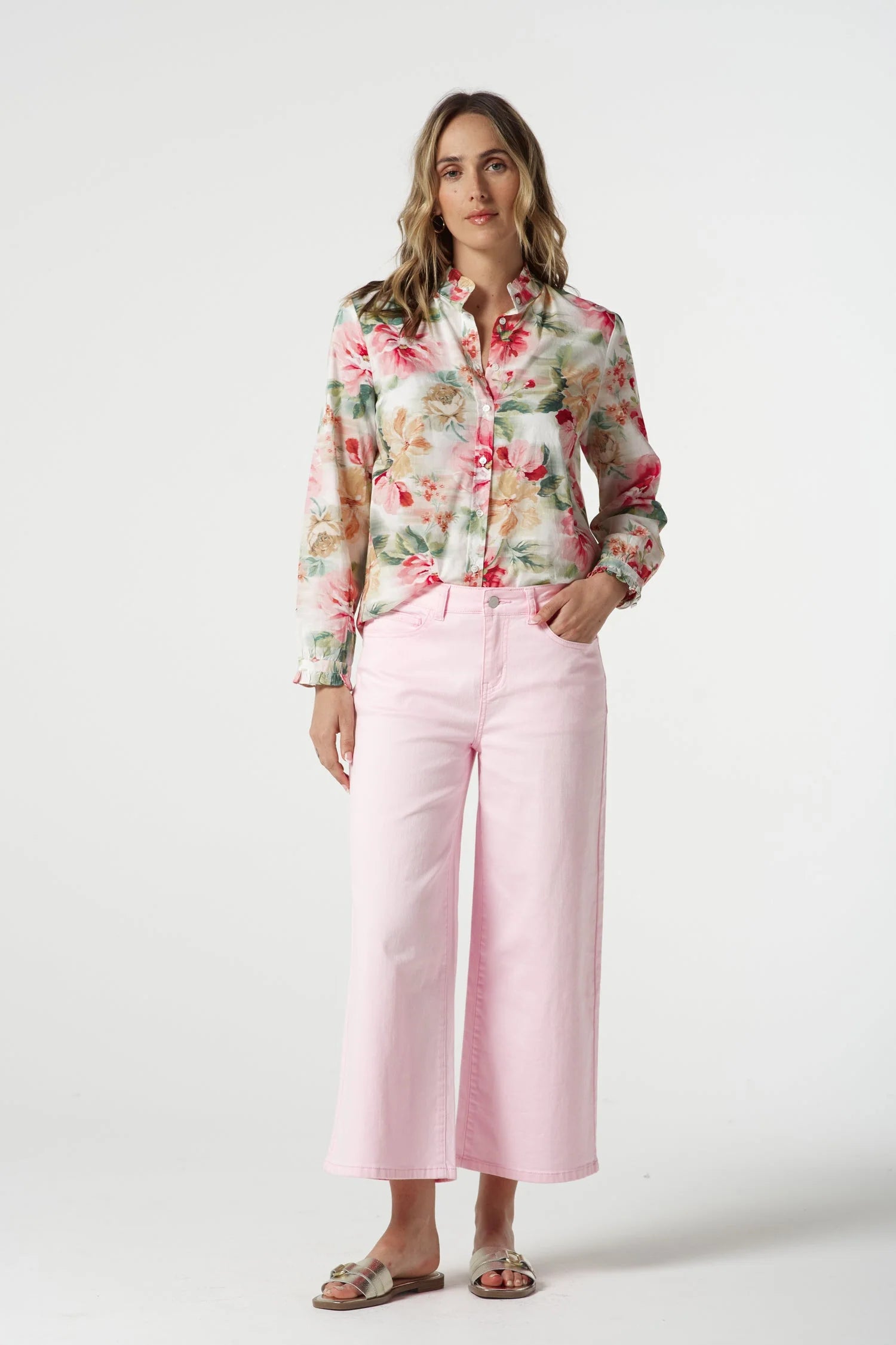 5 Pocket Crop Wide Leg Jean - Pale Pink