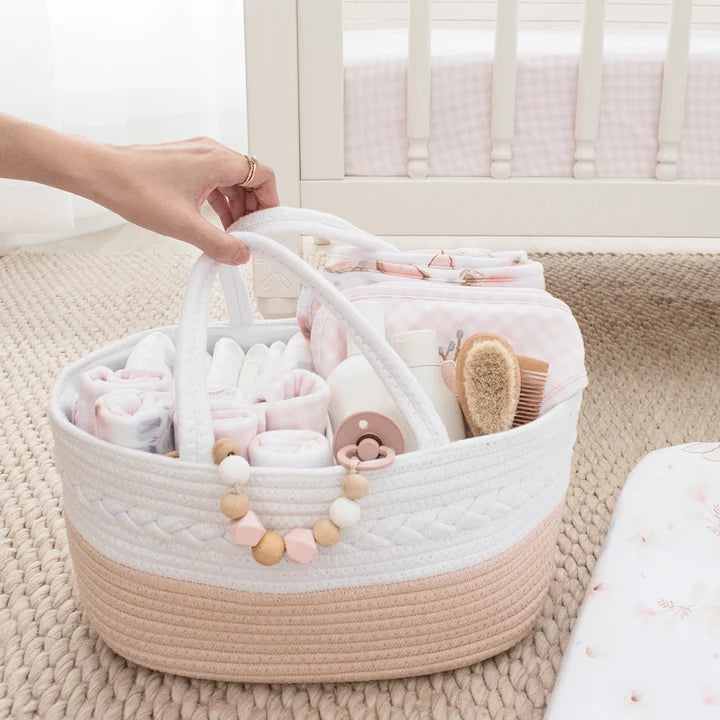 Cotton Rope Nappy Caddy with Divider - Blush/White