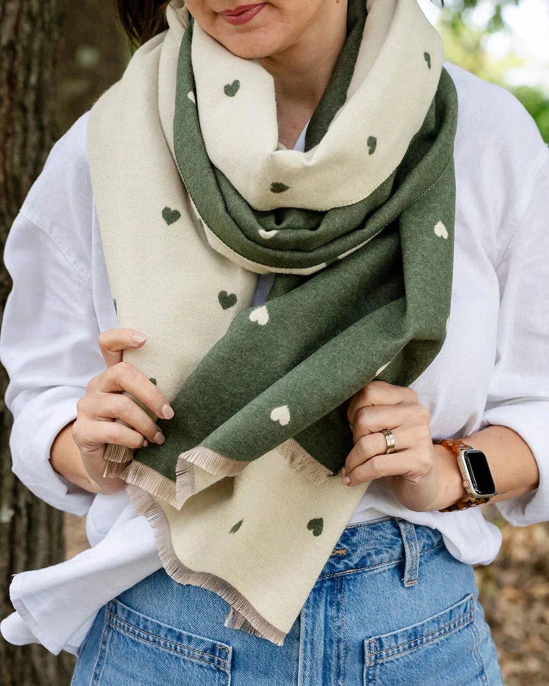 Reversible Holly Heart Winter Scarf – Olive Heart Print