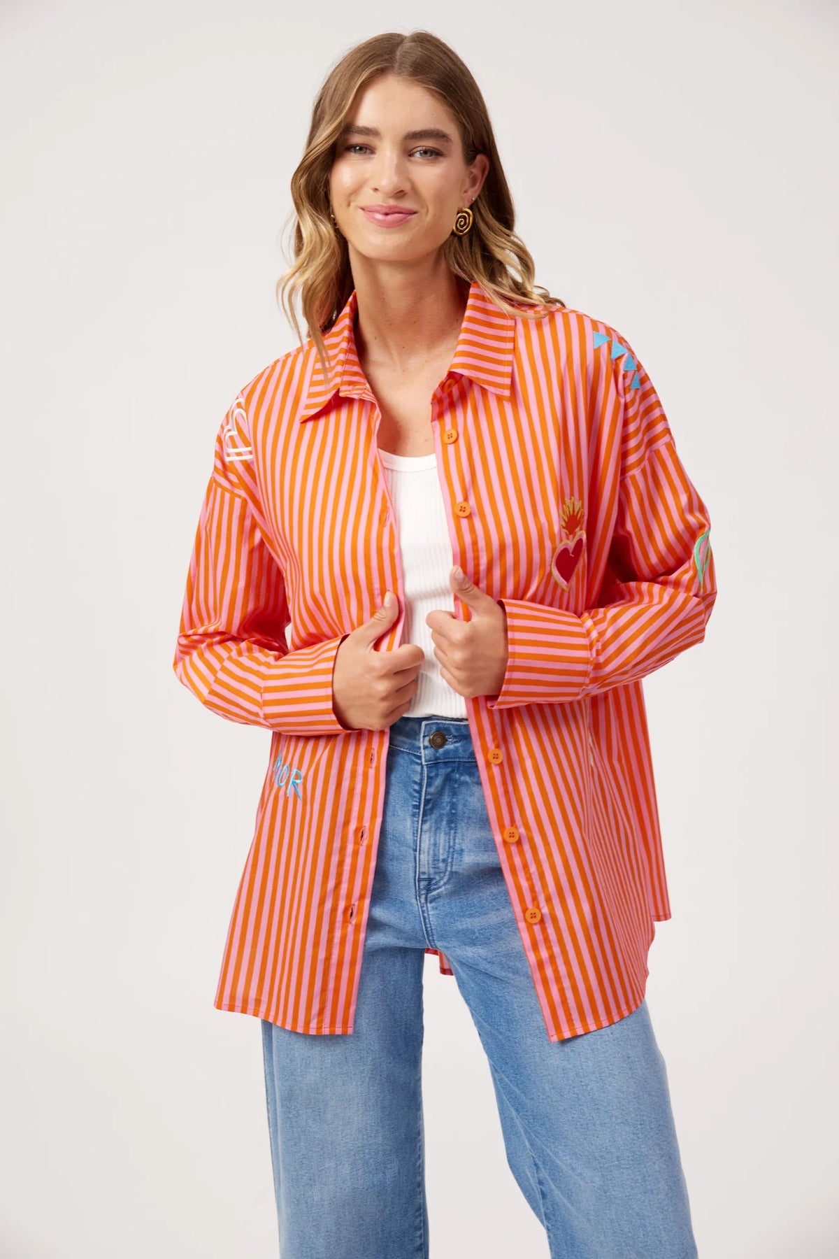 Mykonos Embroidered Stripe Shirt | Pink