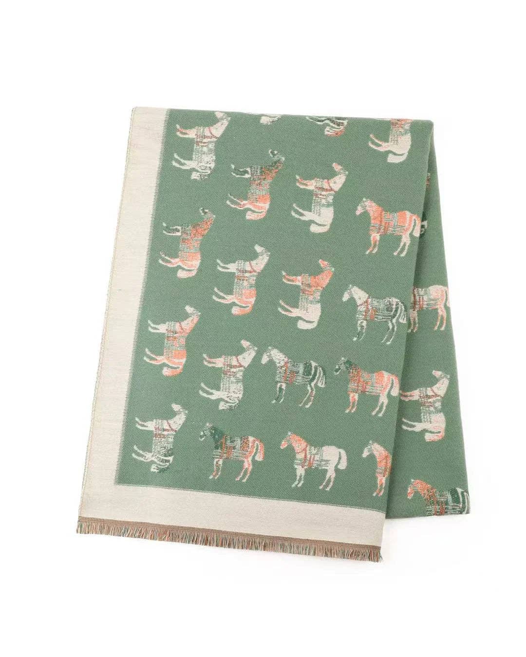 Reversible Equestrian Horse Winter Scarf – Green/Cream