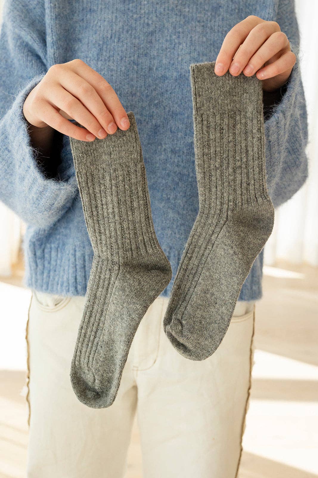 Grey Toasty Toes Woollen Ribbed Crew Socks