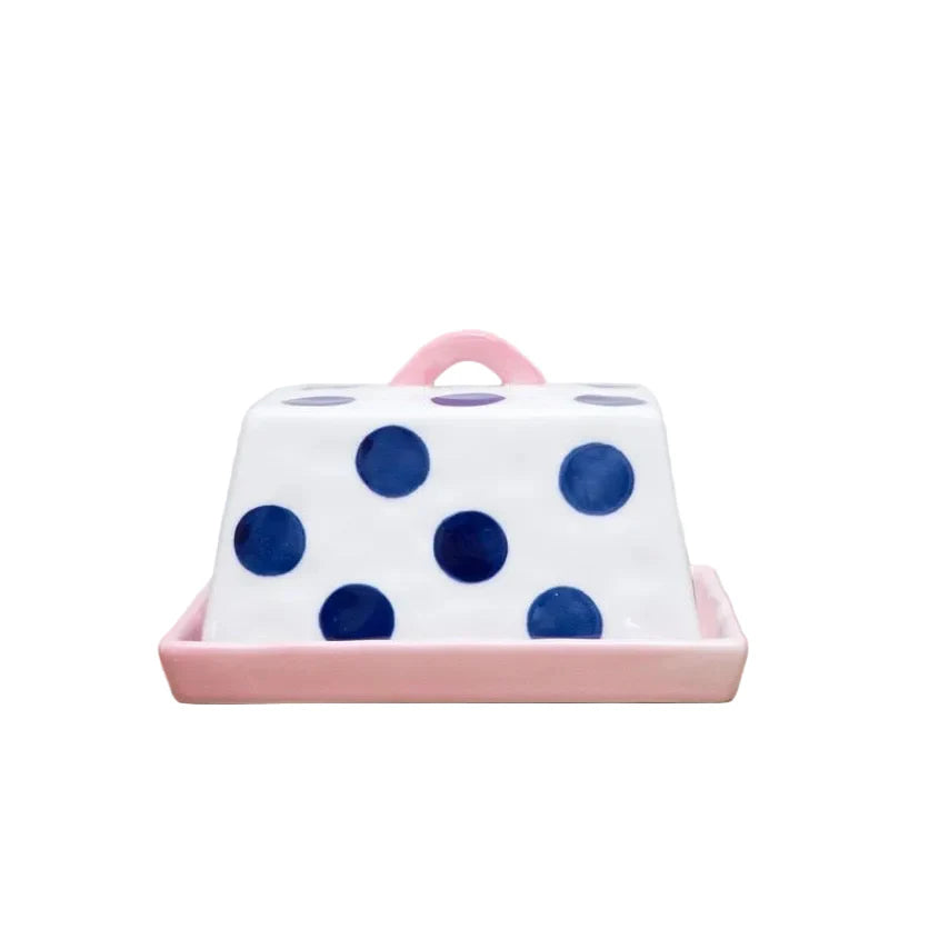 NOSS Ceramic Butter Dish - Navy Dots with Pink Handle & Tray