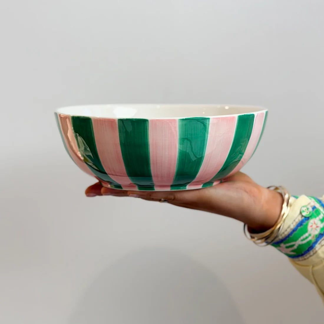 NOSS Ceramic Salad Bowl | Pink & Green Stripe