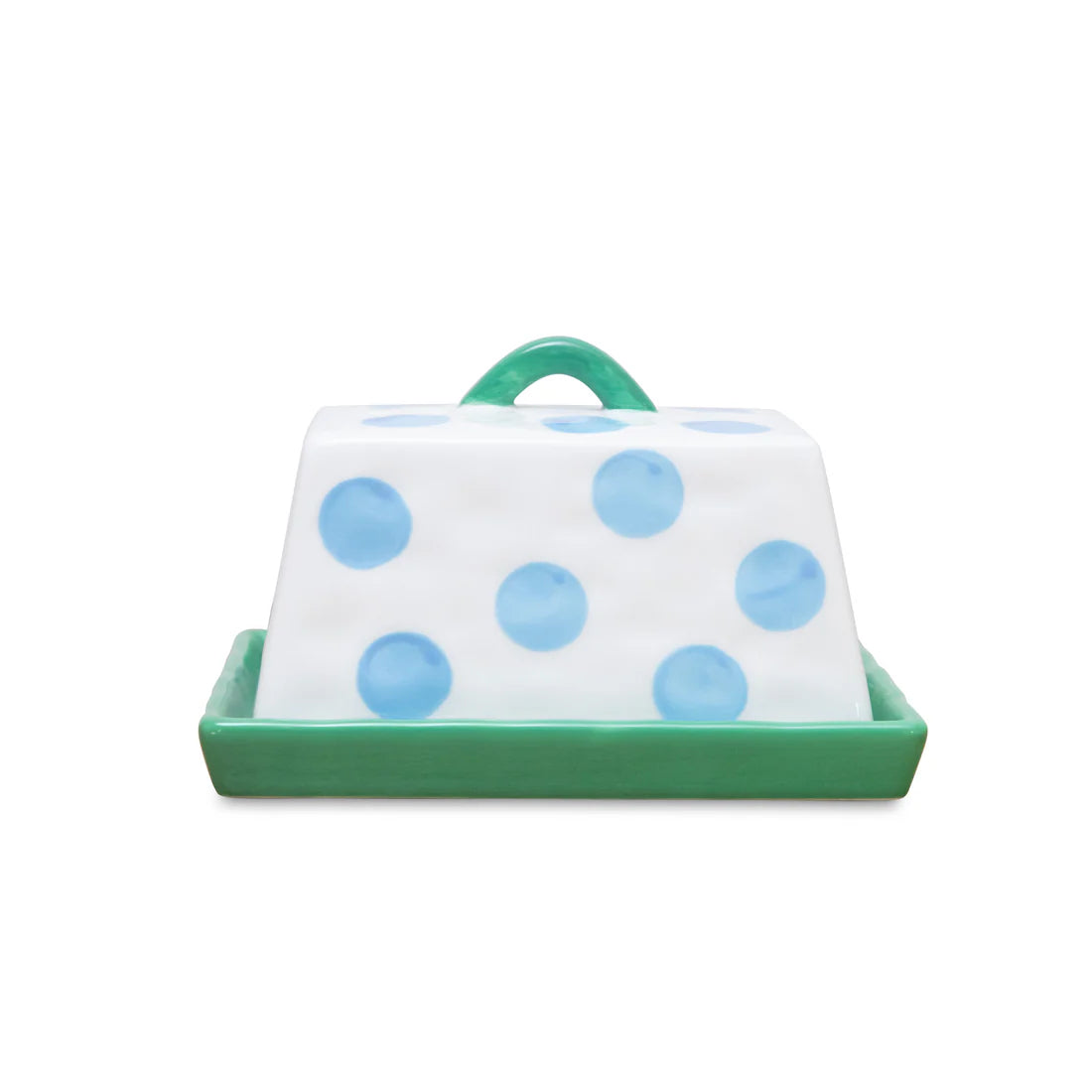 NOSS Ceramic Butter Dish | Blue Dots with Green Handle & Tray