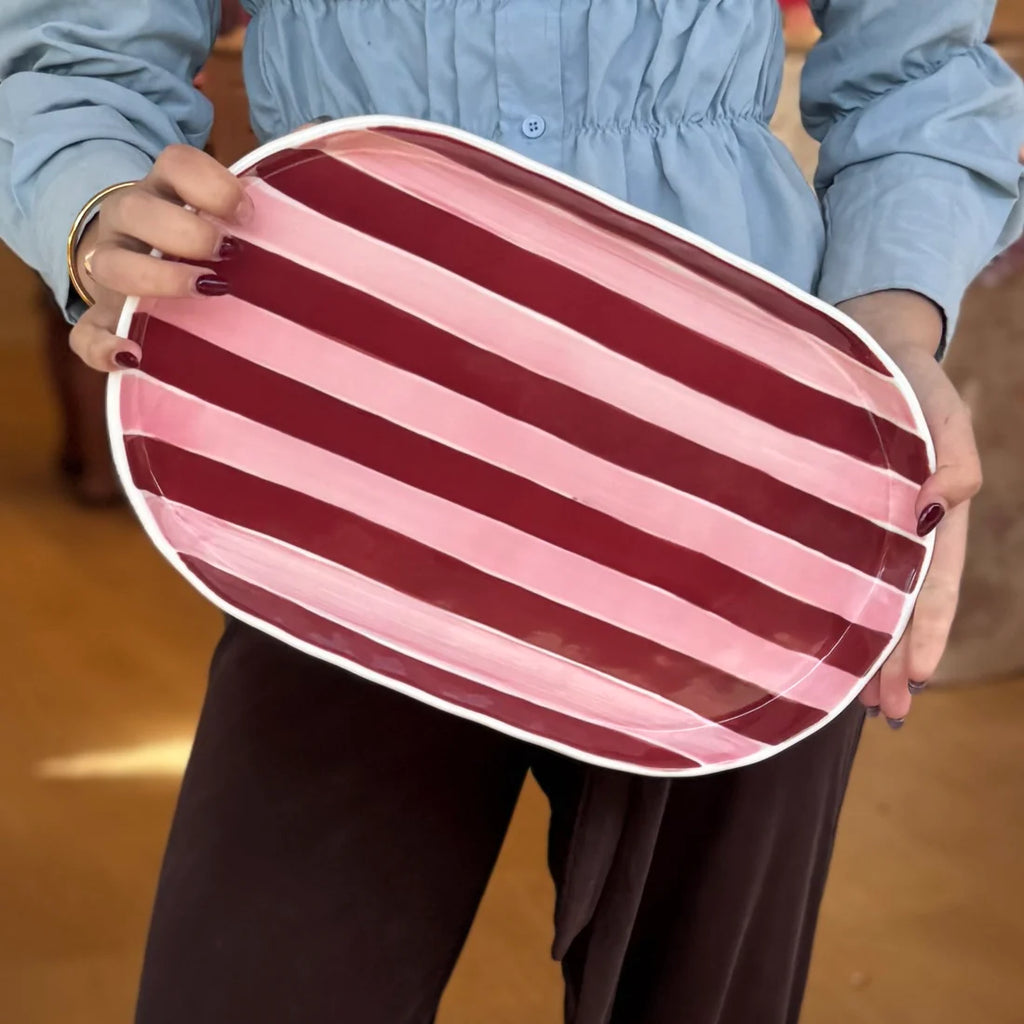 NOSS Ceramic Oval Platter - Pink & Burgundy Stripe