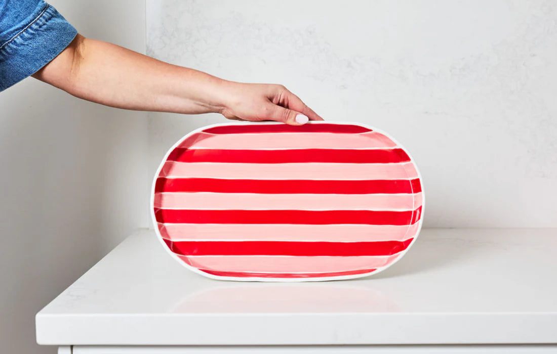 NOSS Oval Ceramic Platter - Pink & Red Stripe