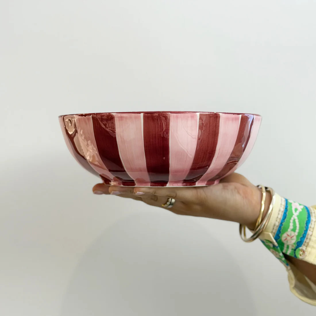 NOSS Ceramic Salad Bowl | Pink & Burgundy Stripe