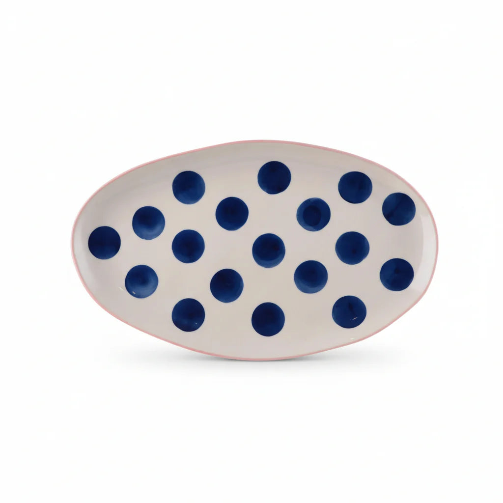 NOSS Small Oval Ceramic Platter - Pink Rim & Navy Spots