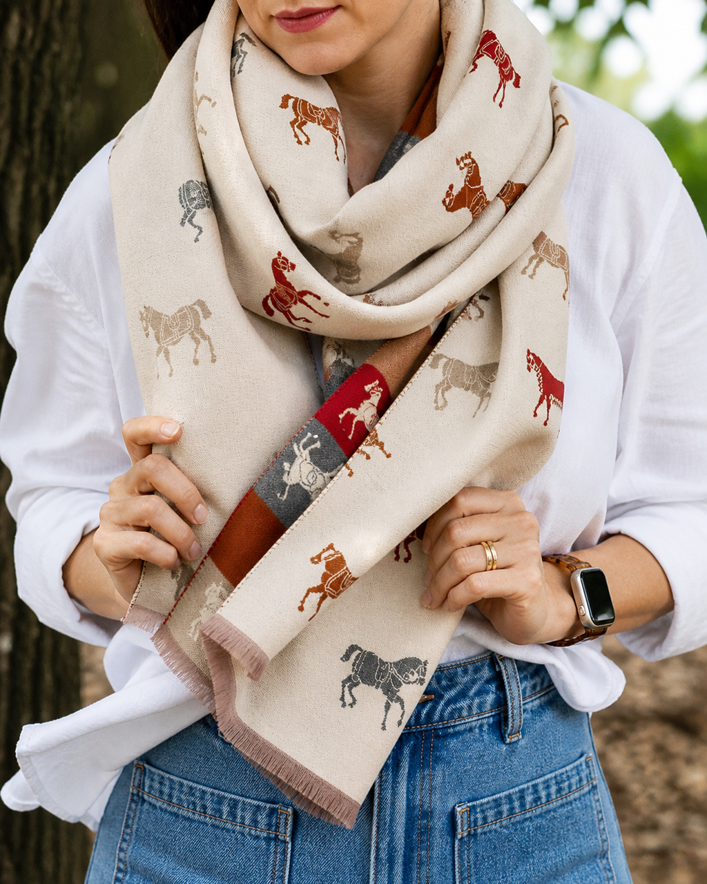Reversible Horse Lover Winter Scarf – Cream