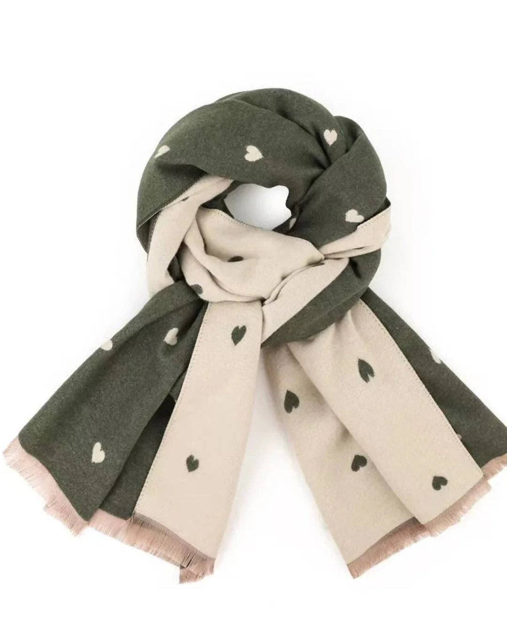 Reversible Holly Heart Winter Scarf – Olive Heart Print