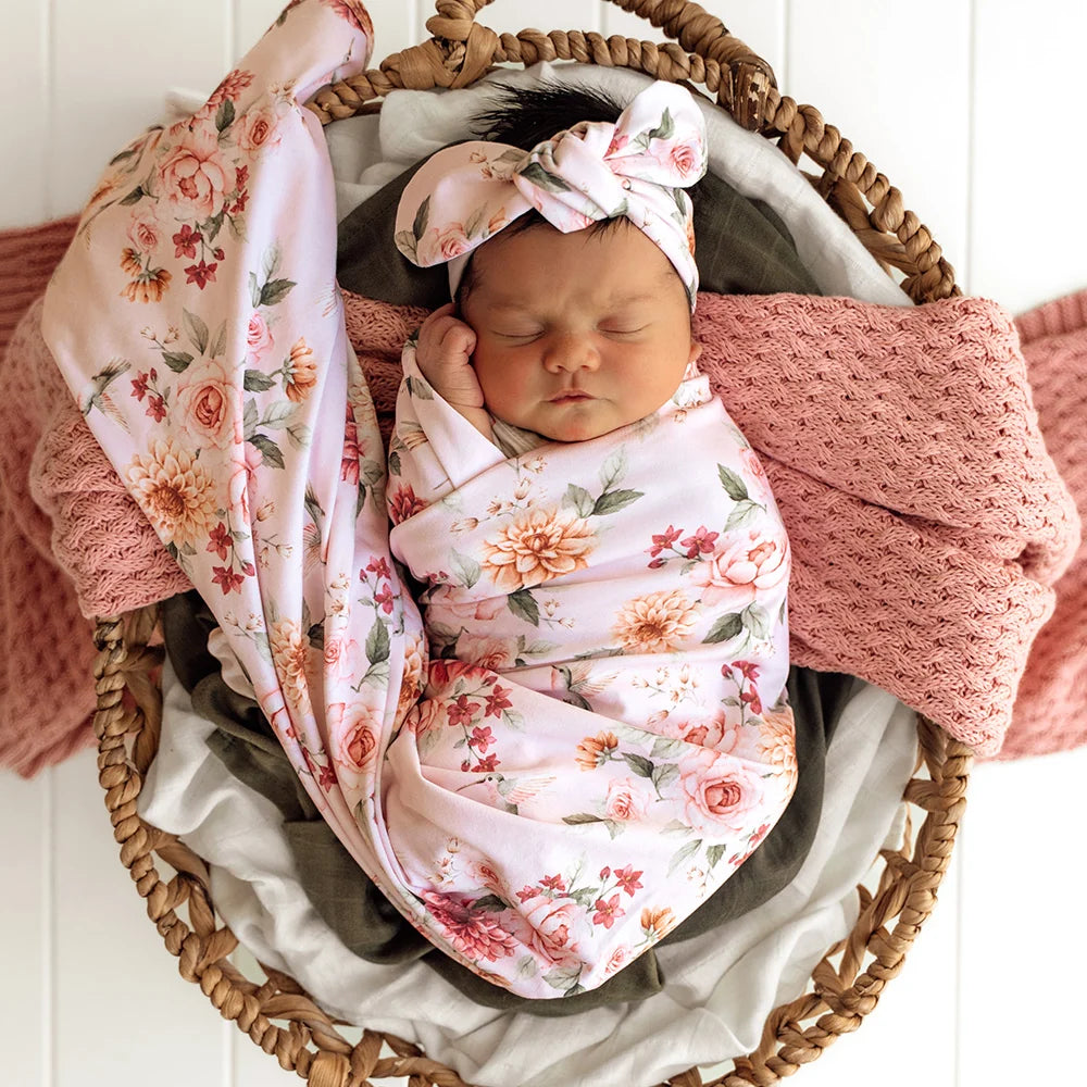 Snuggle Hunny Birds & Blooms Organic Jersey Wrap & Topknot Set