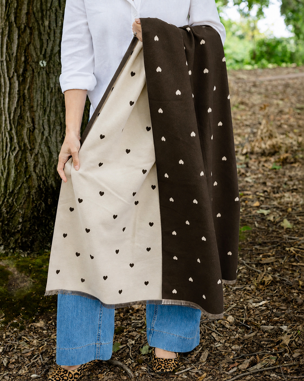 Reversible Holly Heart Winter Scarf – Chocolate Brown Heart Print