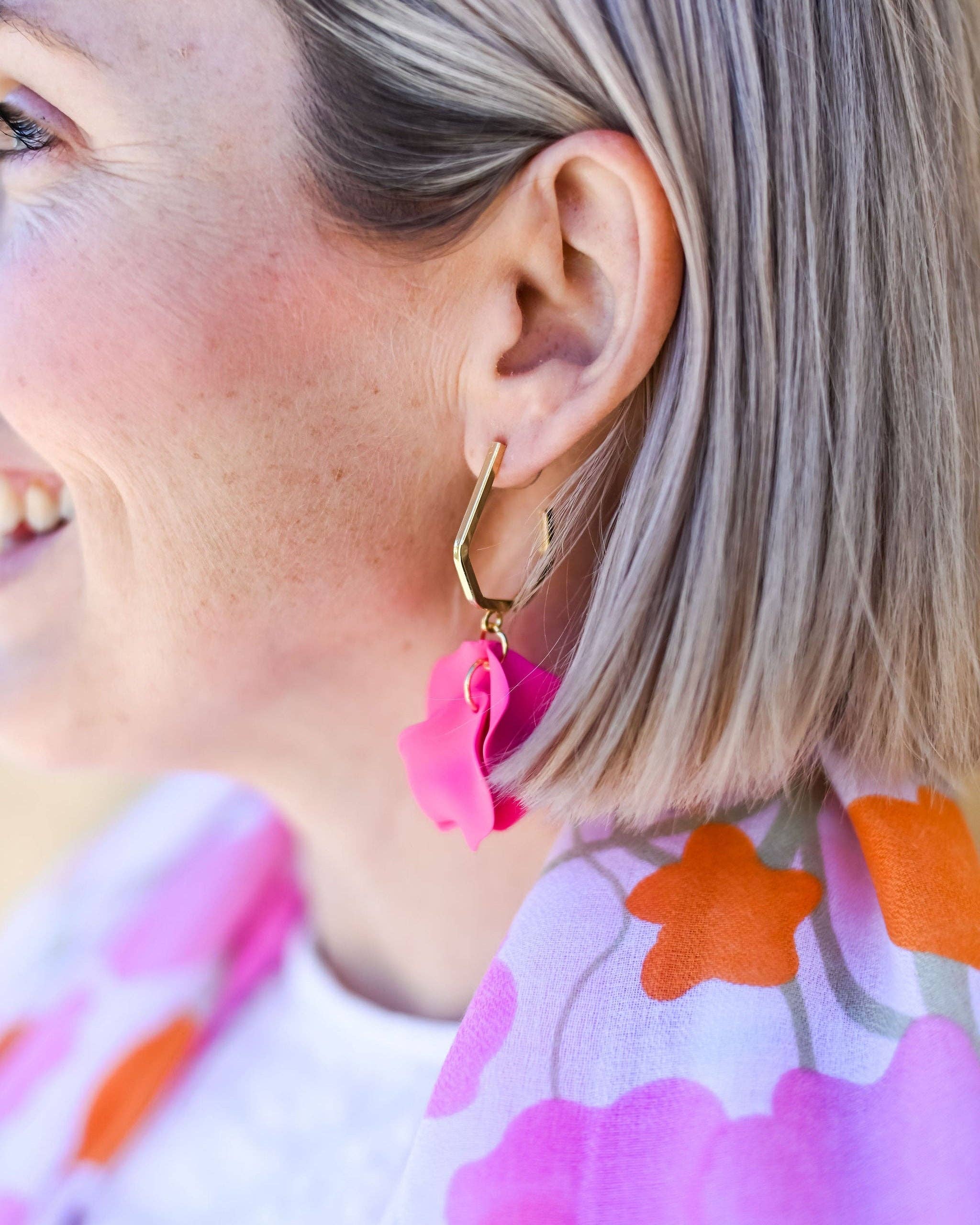 Petunia Gold Hoop with Hot Pink Petal Shaped Dangles