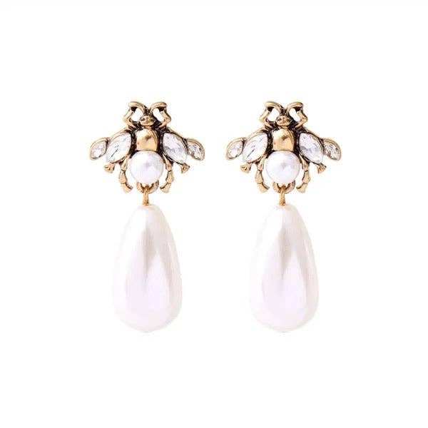 Bea Bee Shaped Stud Earring in Gold with Crystals, Faux Pearls and a Pearl Dangle