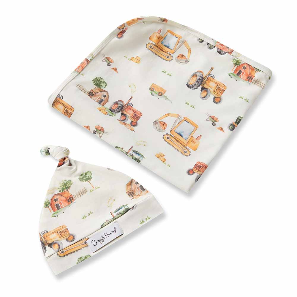 Snuggle Hunny Diggers & Tractors Organic Jersey Wrap & Beanie Set