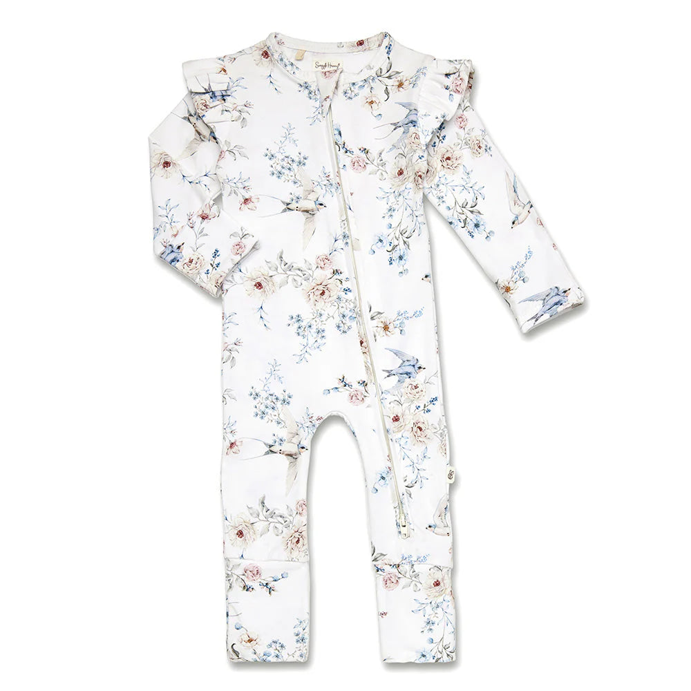 Snuggle Hunny Sweet Swallows Organic Snugglesuit Convertible Romper with Frill