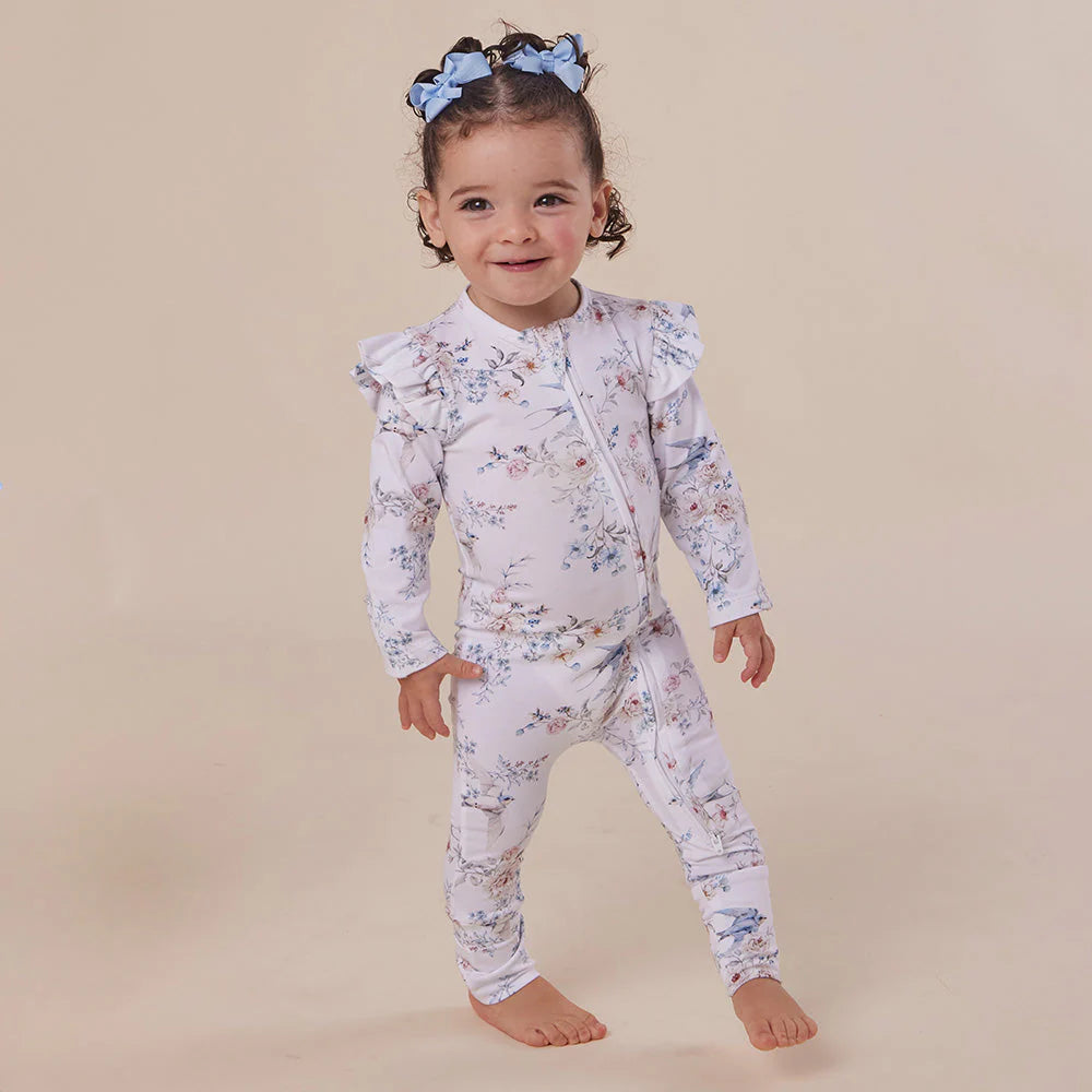 Snuggle Hunny Sweet Swallows Organic Snugglesuit Convertible Romper with Frill